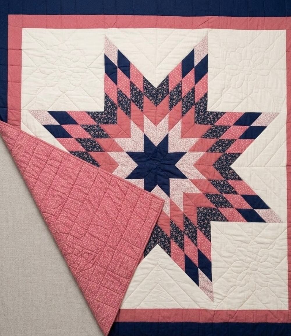 Vintage Lone Star Patchwork Quilt | Navy Blue & Dusty Rose Starburst Bedspread
